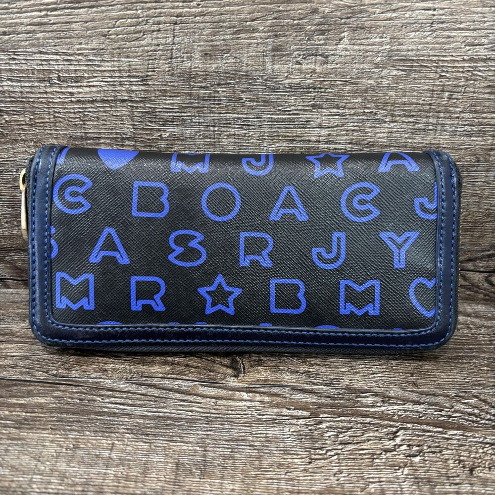 Marc By Marc Jacobs Wallet Women's Black Blue Logo Print Zip Around Card Case